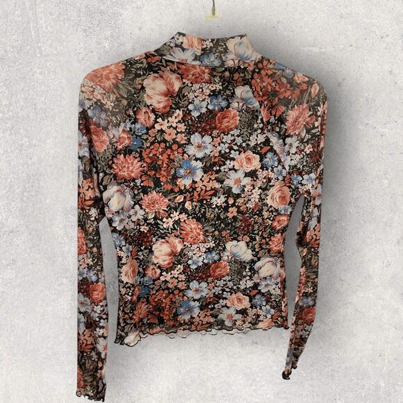 Dealmore Women’s Small Floral Mesh Long Sleeve Lined Mock Neck Top Boho Y2K - Picture 3 of 5